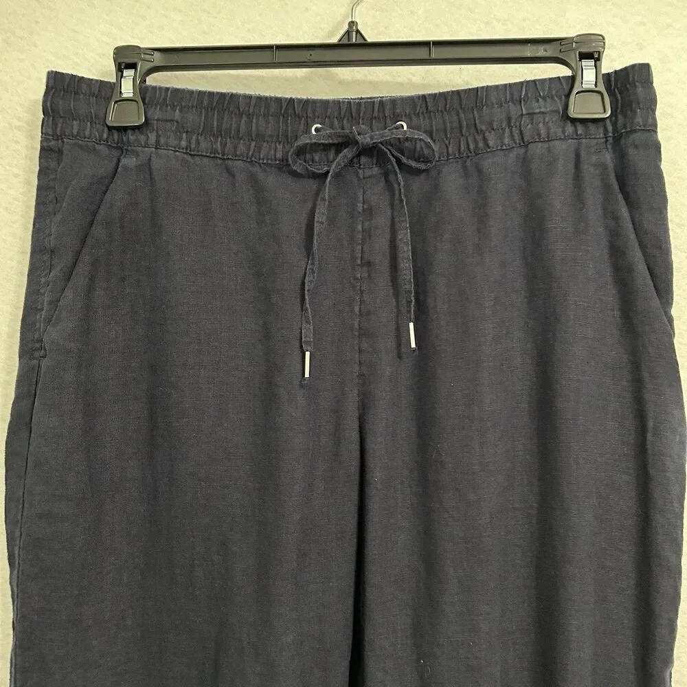 H&M Pants Women 10 Navy Linen Drawstring Elastic Taper Pocket Comfy Beachy Boho